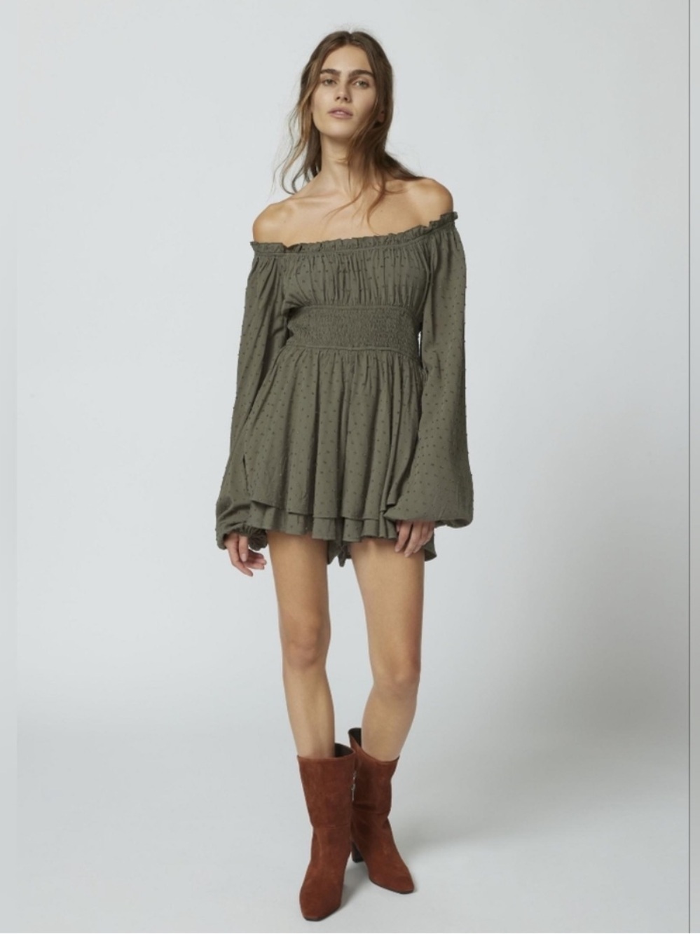 UO urban Outfitters Clip Dot Smocked Long Sleeve Romper Medium Olive